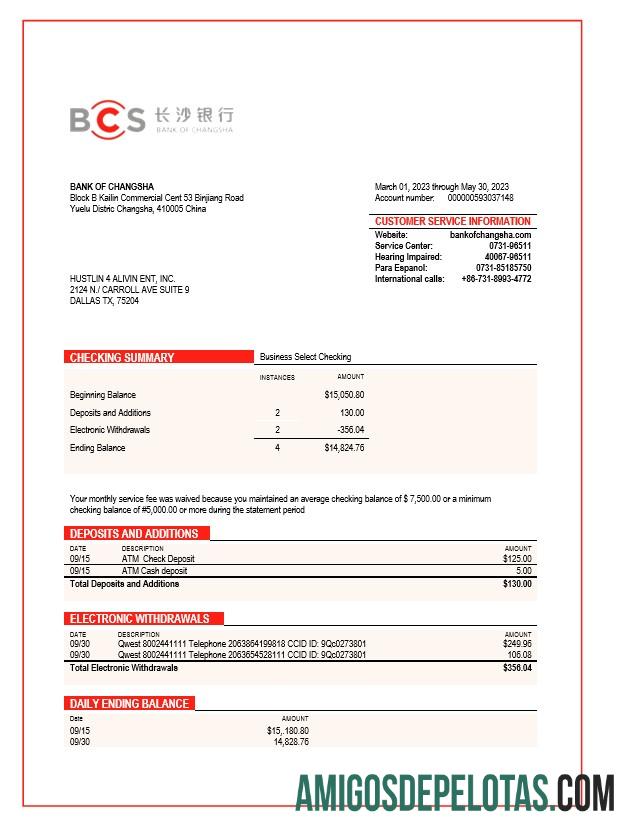 Imprimível Bank Of Changsha Enterprise Statement modelo Word e PDF